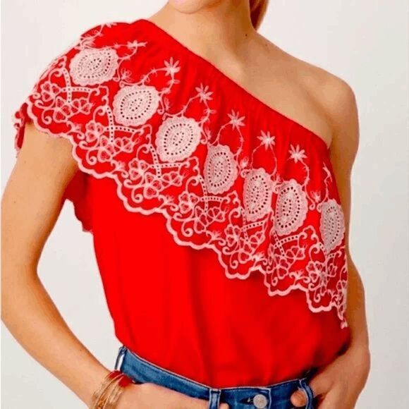 Stella & Dot Hannah One Shoulder Top Large Red Embroidered Size Large NWT - Picture 3 of 10